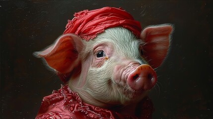  a close up of a pig with a bandana on it's head and a bandana around its neck.