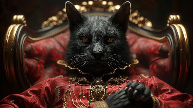  a black cat in a red dress sitting on a red chair with a gold chain around it's neck.