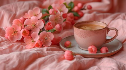 Fototapeta na wymiar a cup of coffee sitting on top of a saucer on top of a saucer next to pink flowers.
