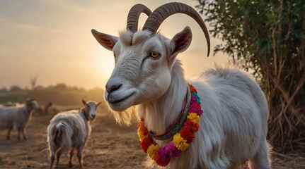 graceful goat stands proudly, adorned with colorful ribbons and floral ga - obrazy, fototapety, plakaty