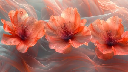  three orange flowers with water droplets on them on a blue and pink background with wavy lines and a drop of water on the petals.