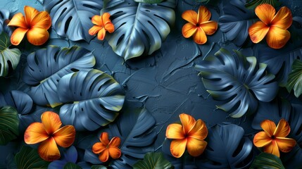  a painting of orange and blue flowers on a dark blue background with green leaves and flowers on the left side of the frame.
