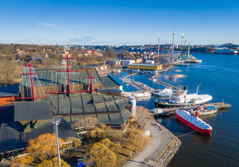 Vasa Museum, Vasamuseet in Djurgarden, Stockholm. Aerial view of Sweden capital. Drone top panorama...