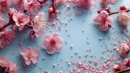  a bunch of pink flowers on a blue background with sprinkles on the bottom of the petals and on the bottom of the petals.