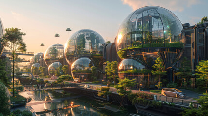 Futuristic City With Glass Domes - obrazy, fototapety, plakaty