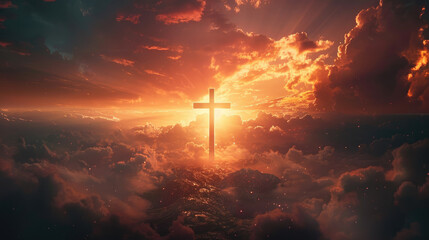 Alone flare cross Christ on Cloud sunset and flare. Easter background concept and The crosses sign.	Generative AI
