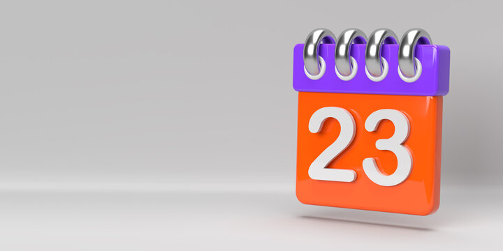 23rd calendar day of the month icon on coloured spiral desk calendar. Event, celebration banner design on 3D rendered horizontal page on white background, copy space. Time planner. Twenty-third day.