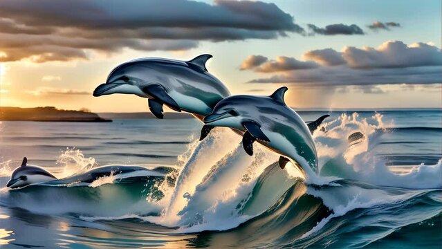 Two dolphins gracefully leap over turquoise waves against a sunset, embodying freedom and agility in the wild ocean
