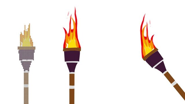 olympic torch with fire and separate parts on white background. For summer sport event symbol. Big icon in stop motion effect
