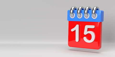 15th calendar day of the month icon on coloured spiral desk calendar. Event, celebration banner design on 3D rendered horizontal page on white background, copy space. Time planner. Fifteenth day remin