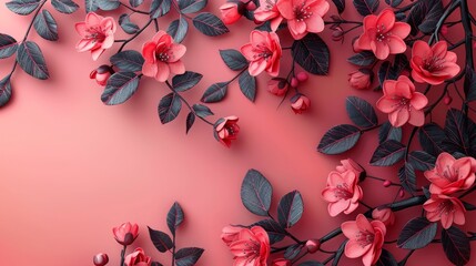  a bunch of pink flowers with green leaves on a pink and red background with space for a text or image.