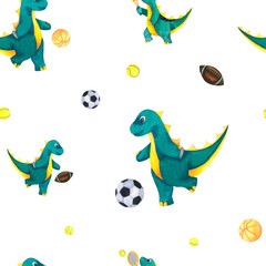 Cute Baby watercolour sport Dinosaur seamless pattern with american football ball, soccer, tennis. Sports equipment. Hand drawn illustration blue green and yellow isolated on white.