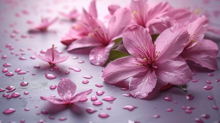  a bunch of pink flowers sitting on top of a white table covered in drops of water and drops of water.