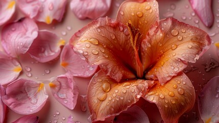  a close up of a pink flower with drops of water on it and a background of pink and yellow flowers.