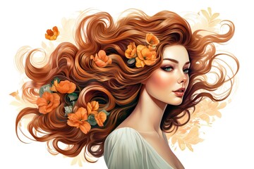 Illustration of women with long hear wreath of flowers on white background