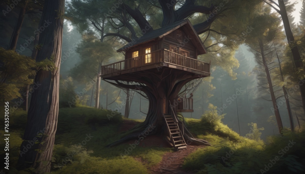 Poster a whimsical treehouse emerges from the morning mist, its architecture harmonizing with the ancient t