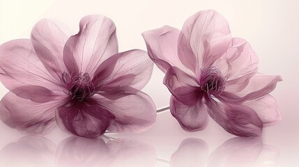  a couple of pink flowers sitting on top of a white table next to a light pink wall with a reflection on the floor.