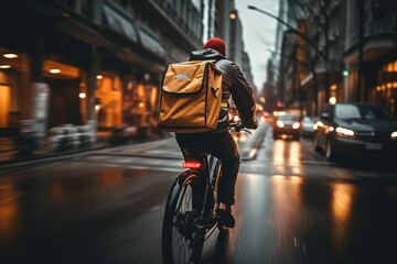 Courier on bicycle delivering food in city. The concept of fast delivering goods or food