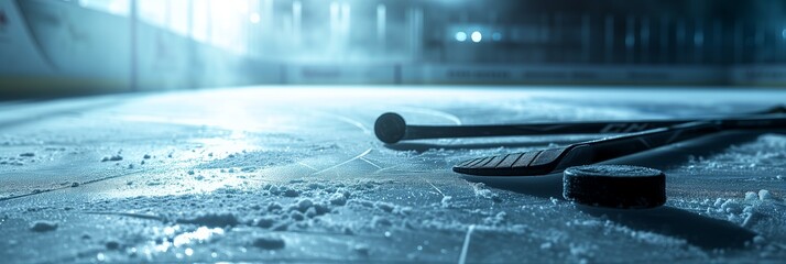 Hockey-themed banner, ice on sports playground with puck and stick with space for text in blue tones - obrazy, fototapety, plakaty