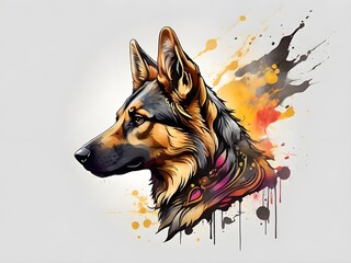 Powerful, colorful german shepard logo facing forward, in watercolor style, with a monochrome background. Generative AI - obrazy, fototapety, plakaty