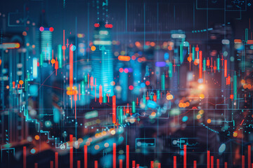 double exposure image of stock market investment graph and city skyline scene,concept of business investment and stock future trading