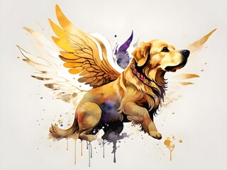 Powerful, colorful golden retriever logo facing forward, in watercolor style, with a monochrome background. Generative AI