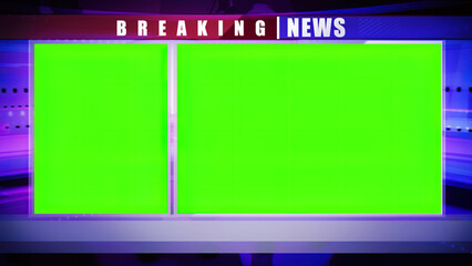 Breaking news backdrop graphics card, with green screen and copy space for titles. A 3D illustration background for representation of TV channel program on movies or series - obrazy, fototapety, plakaty