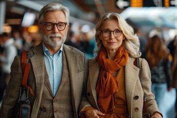 In a busy airport terminal, a aged couple in a stylish suits stands out from the throngs of travelers - obrazy, fototapety, plakaty