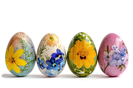Easter eggs with flowers on white background