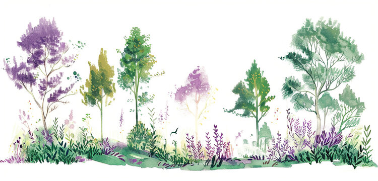 A whimsical forest scene in spring green and lavender, with trees and foliage sketched in expressive ink strokes, isolated on white background
