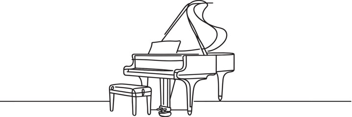 grand piano one line graphic illustration, minimalist style, grand piano with chair one line © Hanna