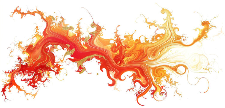 An abstract composition in vermilion and gold ink, with swirling patterns suggesting a fiery dance, isolated on white background