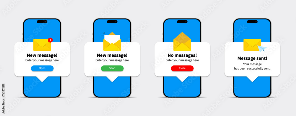 Poster New message notification concept on realistic smartphone mockup. New email pop up. Incoming, open messaging. Chatting, mail, letter symbol, sign, emblem for UI UX website. Realistic vector 10 eps.