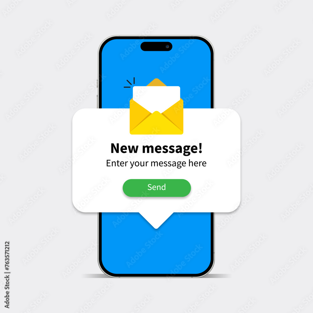 Poster new message notification concept on realistic smartphone mockup. new email pop up. incoming, open me
