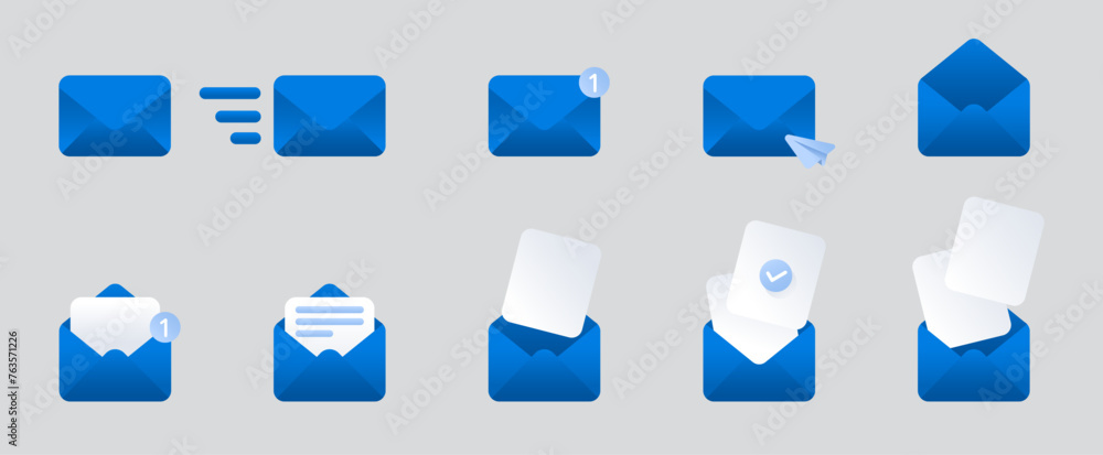 Poster blue mail envelope icon set with marker new message isolated on grey background. render email notifi