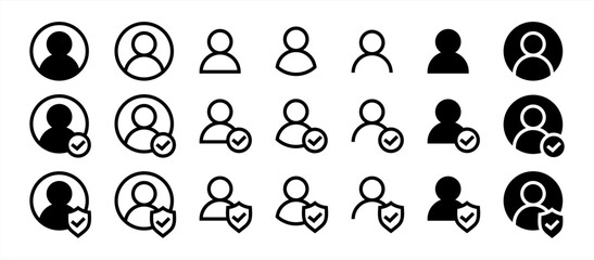 Set of user accept icons. Profile with checkmark icon. Avatar check symbol. Account sign. Shield with person silhouette in circle. Authentication security. Privacy vector 10 eps. - obrazy, fototapety, plakaty