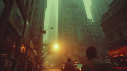 Foggy and moody day in New York city street, People walking through NYC Skyline, rainy day and blurred background