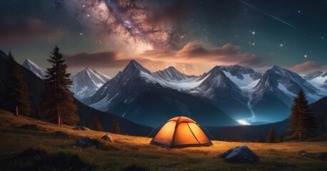 Fototapeta na wymiar As night falls on the mountain campsite, the Milky Way arcs across the sky. A single tent sits under a celestial display, surrounded by ancient pines. AI generation