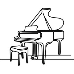 grand piano one line graphic illustration, minimalist style, grand piano with chair one line.