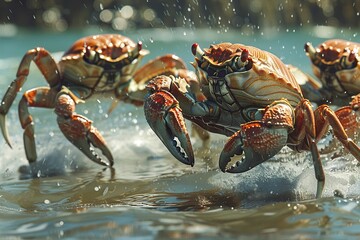 Crabs in boxing shorts, sidestepping and jabbing at the shoreline, their claws up in defense ,