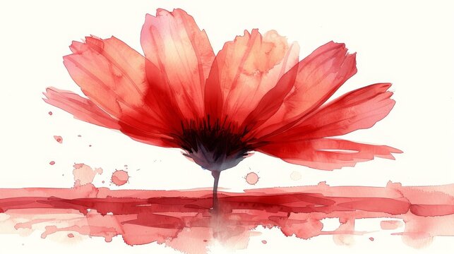  a watercolor painting of a red flower on a white background with a reflection of the flower in the water.