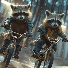 Raccoons in cycling gear, racing on BMX bikes, their paws gripping the handles with surprising dexterity 