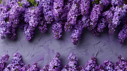  a bunch of purple flowers sitting on top of a purple wall next to a green leafy plant in the center of the picture.