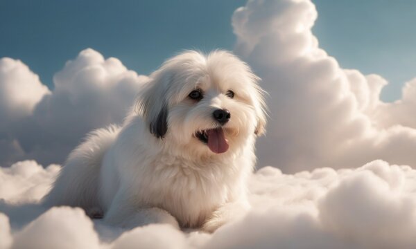 A serene Maltese dog lounges on a fluffy cloud, looking content and at ease in the tranquil sky. The image captures the essence of peace and relaxation as the dog blends with the softness of the