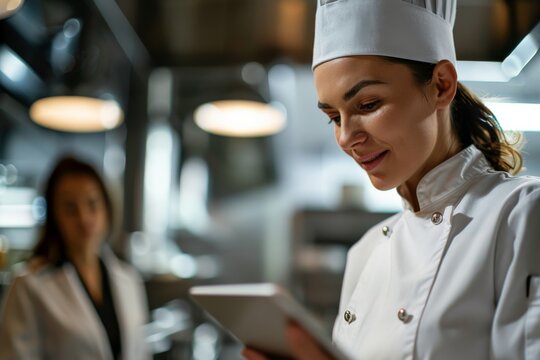 Female chef using a tablet in the kitchen restaurant during a business meeting with investor
