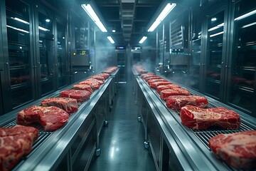 A futuristic concept design of a plant-based meat manufacturing facility, emphasizing cutting-edge...