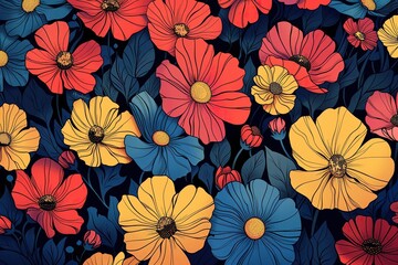 A garden where flowers bloom in the saturated colors of pop art, their petals as perfectly outlined as a Lichtenstein print , high-resolution