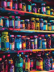  pharmacy where the medicine bottles are labeled in pop art style, 