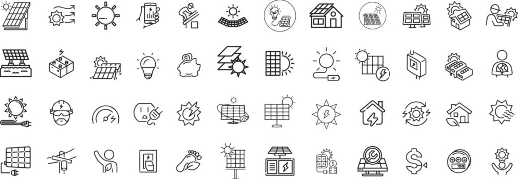 Set of green energy thin line icons. Icons for renewable energy, green technology. Design elements for you projects. Vector illustration