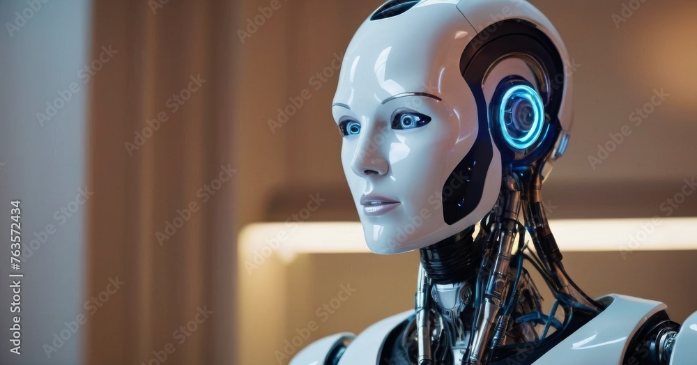 Poster a sophisticated female android with a pensive expression, her head features an intricate design and 